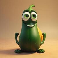 Pixar Style Happy Zucchini 3D Character on Shiny Orange Background. . photo
