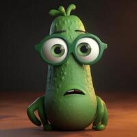 Pixar Style Cute Zucchini 3D Character Wearing Goggles on Shiny Brown Background. . photo