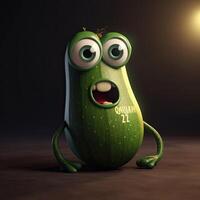 Pixar Style Angry Zucchini 3D Character on Shiny Orange Background. . photo