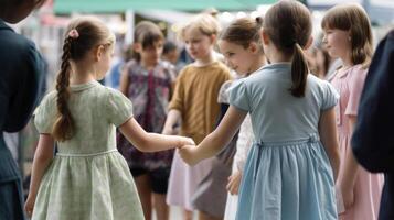 Back View of Young Girls Holding Hands on Crowded Place. Illustration. photo