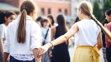 Back View of Young Girls Holding Hands on Crowded Place. Illustration. photo