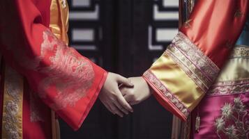 simpático o casual apretón de manos Entre chino mujer en su tradicional atuendos generativo ai. foto