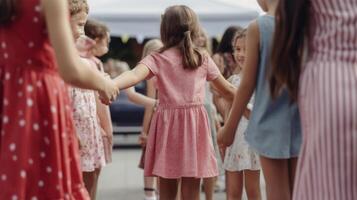 Backside View of Young Girls Holding Hands In Casual Dress on Crowd Place. Illustation. photo