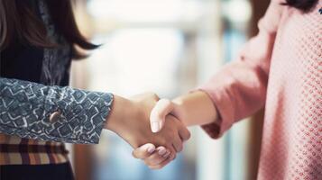 Friendly or casual handshake between two women. Close up. . photo