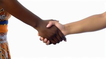 Friendly or casual handshake between interracial persons. . photo