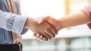Business handshake between two women. Close up. Vertical Banner. Generative AI. photo