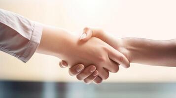 Business handshake between two women. Close up. Vertical Banner. Generative AI. photo