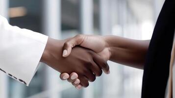 Closeup View of Two African Person Shaking Hands of Modern Etiquette or Professional Meeting. Illustration. photo