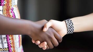 Friendly or casual handshake between interracial persons. . photo