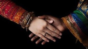 Friendly or casual handshake between Multicultural Asian Women in their traditional attires. . photo