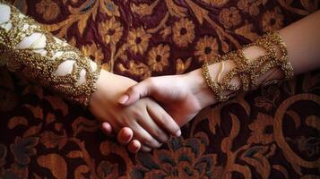 Friendly or casual handshake between Arabian Cultural Women in their traditional attires. . photo