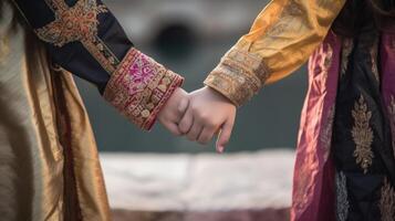 Friendly or casual handshake between Arabian Cultural Women in their traditional attires. . photo