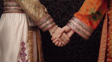 Friendly or casual handshake between Arabian Cultural Women in their traditional attires. . photo