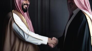 Business handshake between two Arabian Man. Close up on black Background. . photo