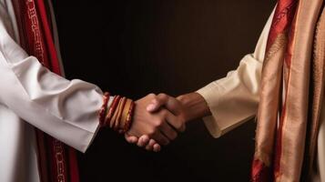 Business handshake between two Arabian Man. Close up on black Background. . photo