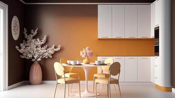lujoso, moderno contemporáneo cocina habitación con comida mesa, minimalista diseño. generativo ai digital ilustración. foto