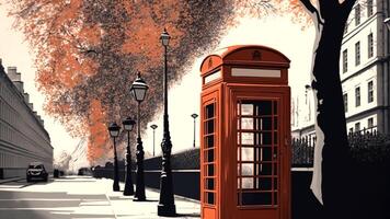 Red telephone box in London during autumn season, . photo