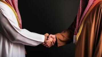 Business handshake between two Arabian Man. Close up on black Background. . photo