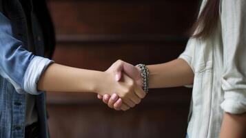 Friendly or casual handshake between two women. Close up. . photo