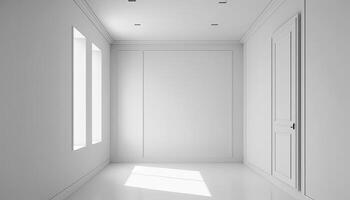 Empty room with window, walls, floor and ceiling. 3d blank interior of living room, office, gallery, studio or hallway, vector realistic illustration in perspective view. AI Generative. photo