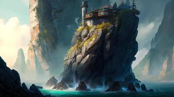 Hyper Realistic of Fantasy Futuristic Seaside City Landscape with Cliff Castle. Illustration. photo