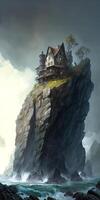 Hyper Realistic of Dark Cloud Sea Landscape with Castle on Rock. Illustration. photo