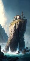 Hyper Realistic of Dark Cloud Sea Landscape with Castle on Rock and Tree. Illustration. photo