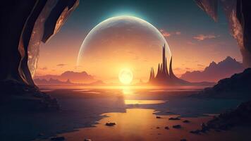 Abstract fantasy space or planet landscape with Glowing Celestial Sphere. Illustration. photo