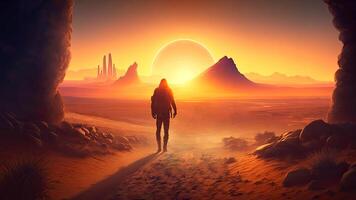 Abstract Fantasy Science Fiction Lndscape with Desert and Mountain, Skywalker on Red Planet, Illustration. photo