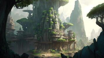 Hyper Realistic Panoramic View of Massive Fantasy City Landscape with Ancient Castle, Giant Green Trees. Illustration. photo