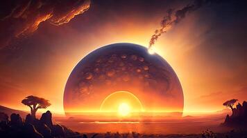 Abstract fantasy Science Fiction Landscape, Giant Floating Circular Ancient Stone Sacred Structure. Illustration. photo