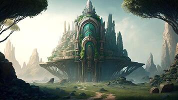 Hyper Realistic Panoramic View of Massive Fantasy City Landscape with Ancient Castle, Giant Green Trees. Illustration. photo