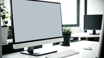 Modern workspace with computer monitor, or desktop, screen mock up on wooden table. photo