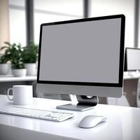 Modern workspace with computer monitor, or desktop, screen mock up on wooden table. photo