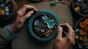 Gardening - Planting Coloruful Flowers. Top View. , Digital Illustration. photo