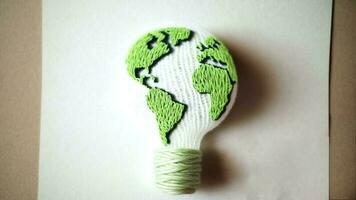 World map embroidered inside a light bulb. photo