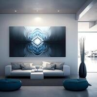 interior de moderno vivo habitación con sofá, Sillón y creativo obra de arte ai generativo. foto