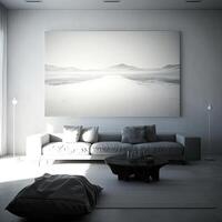 Interior of modern living room with sofa, armchair and creative artwork. . photo