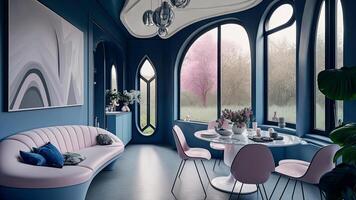 Futuristic interior style livingroom, Modern cozy living room with monochrome blush. . photo