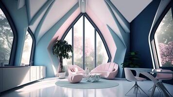 Futuristic interior style livingroom, Modern cozy living room with monochrome blush. . photo