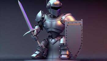 A cyborg holding a futuristic sword with shield, digital art style. Generative AI. photo