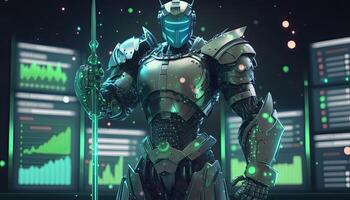 A cyborg holding a futuristic sword, digital hologram graphs background, digital art style. . photo