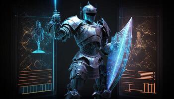 A cyborg holding a futuristic sword, digital hologram graphs background, digital art style. Generative AI. photo