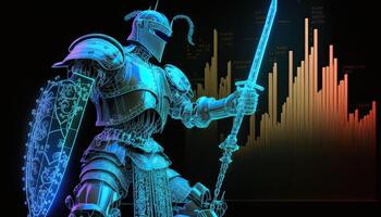 A cyborg holding a futuristic sword, digital hologram graphs background, digital art style. Generative AI. photo