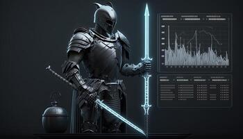 A cyborg holding a futuristic sword, digital hologram graphs background, digital art style. Generative AI. photo