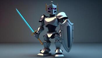 A cyborg holding a futuristic sword with shield, digital art style. Generative AI. photo