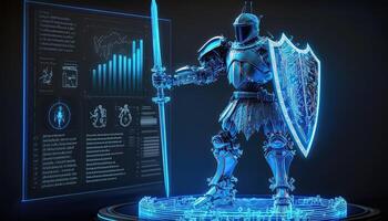 A cyborg holding a futuristic sword, digital hologram graphs background, digital art style. . photo