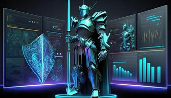 A cyborg holding a futuristic sword, digital hologram graphs background, digital art style. Generative AI. photo