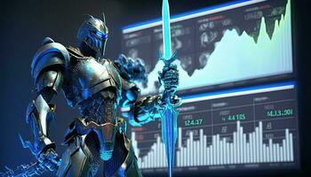 A cyborg holding a futuristic sword, digital hologram graphs background, digital art style. Generative AI. photo