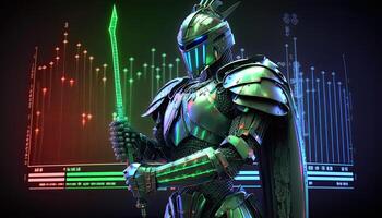 A cyborg holding a futuristic sword, digital hologram graphs background, digital art style. . photo